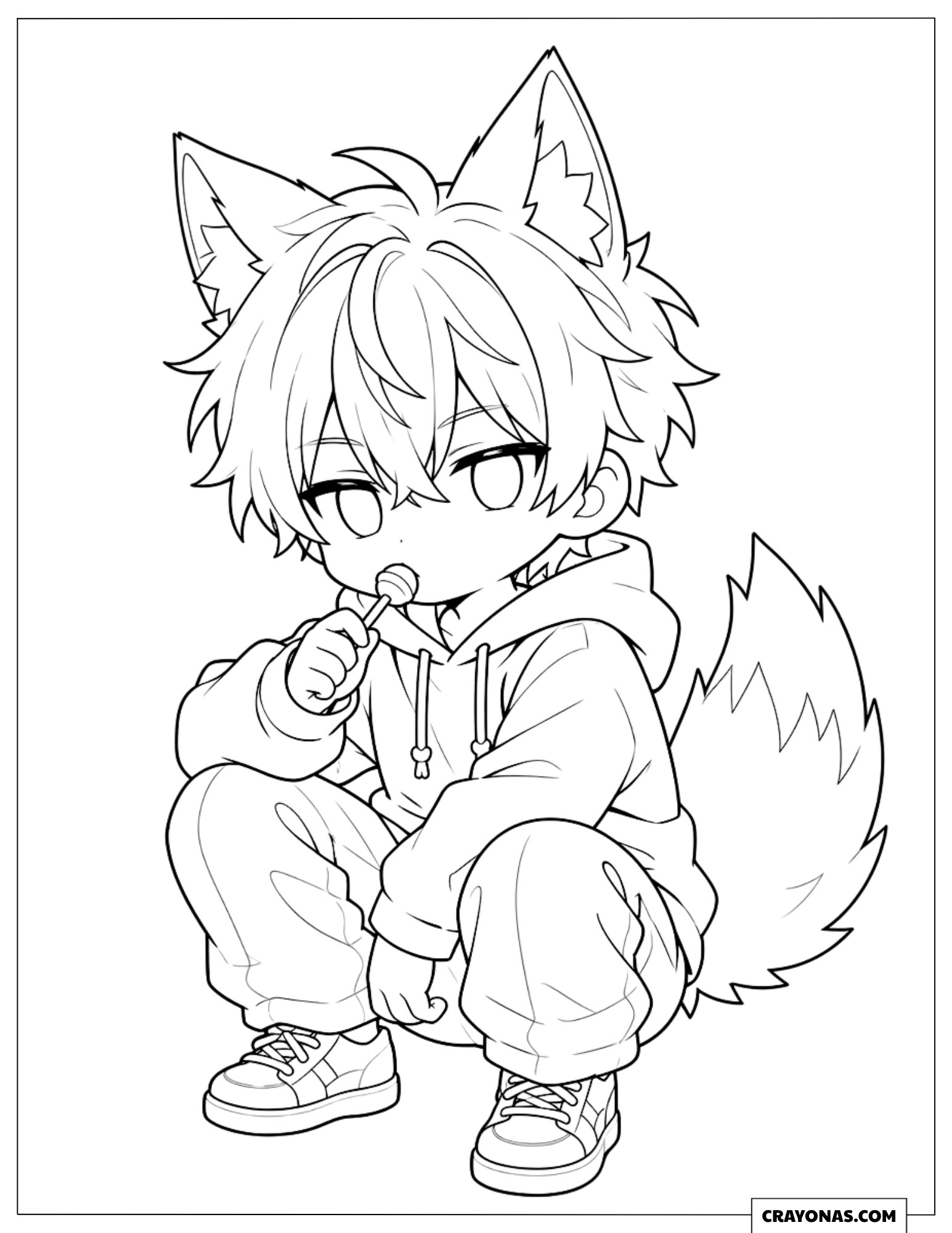 Anime werewolf boy chewing candy coloring page
