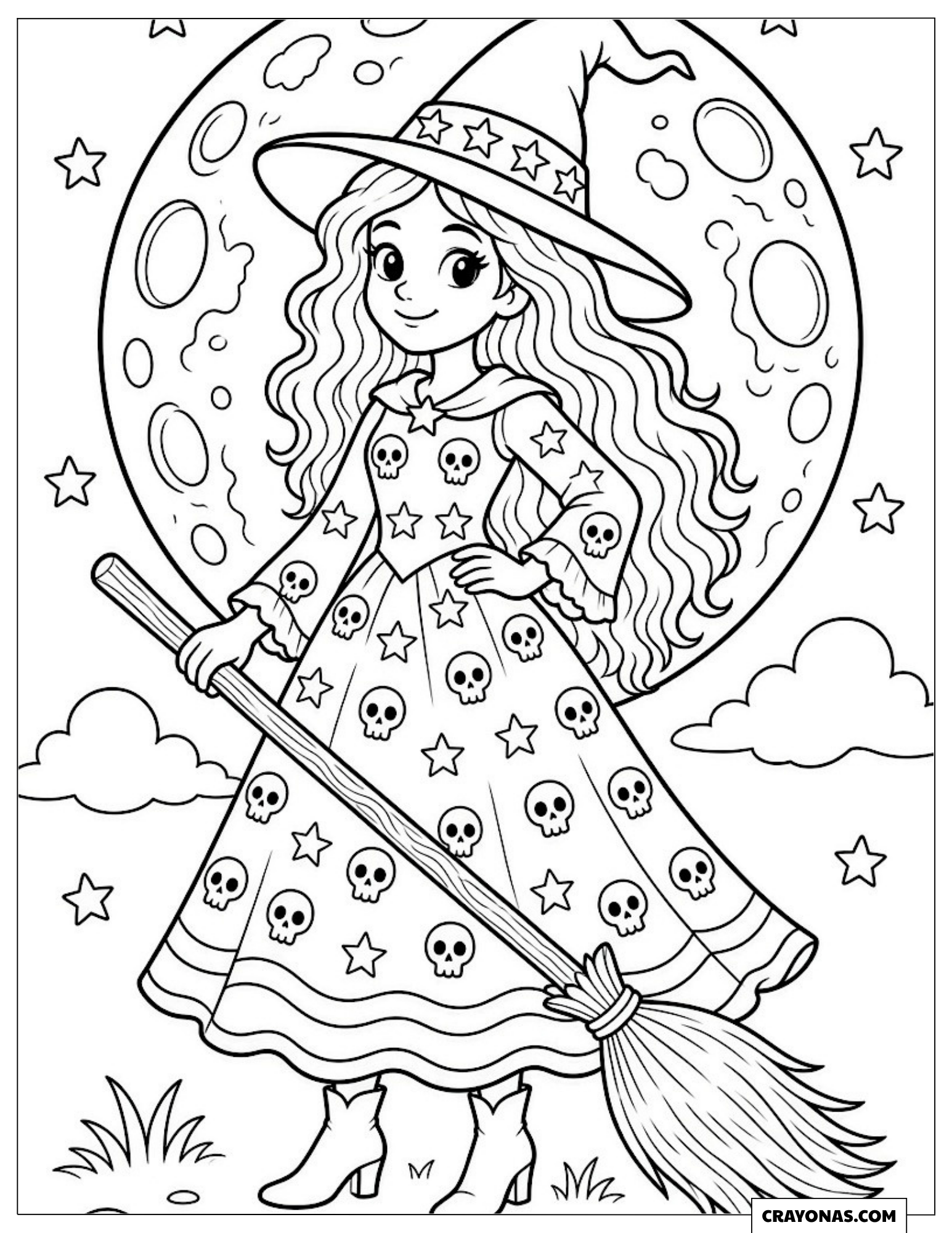 Beautiful witch with long, flowing hair coloring page