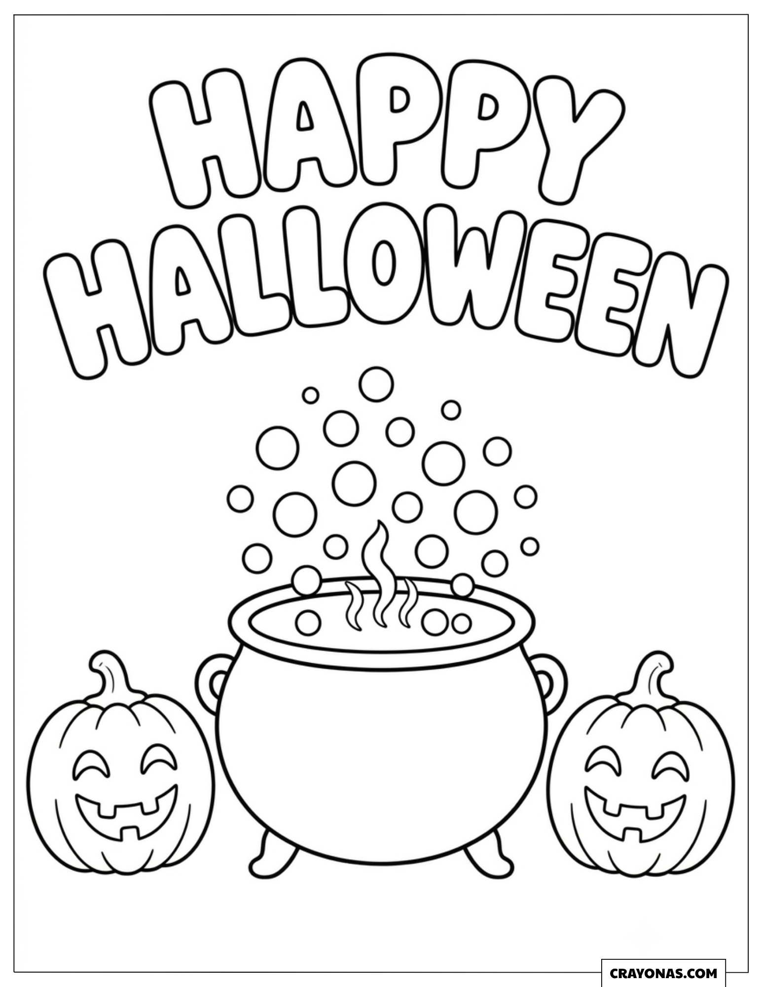 Bubbling cauldron and smiling pumpkins coloring page for children