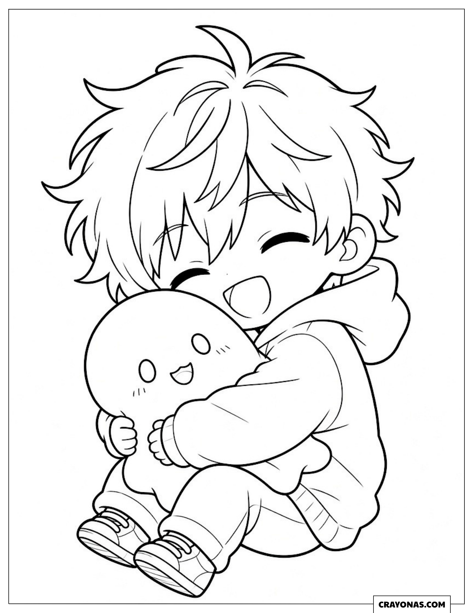 Chibi anime character hugging a soft little ghost coloring page for kids