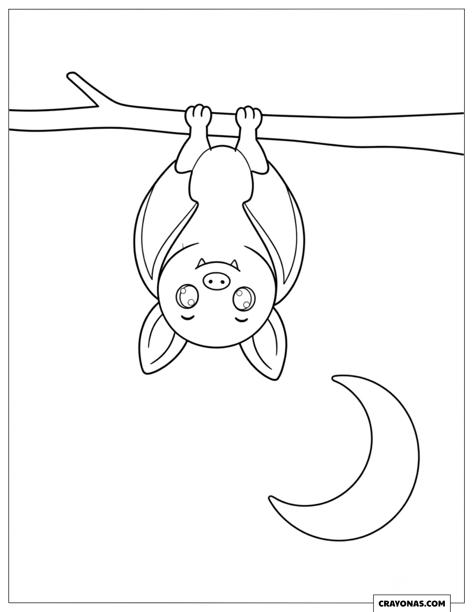 Chubby bat hanging upside down from a big branch to color