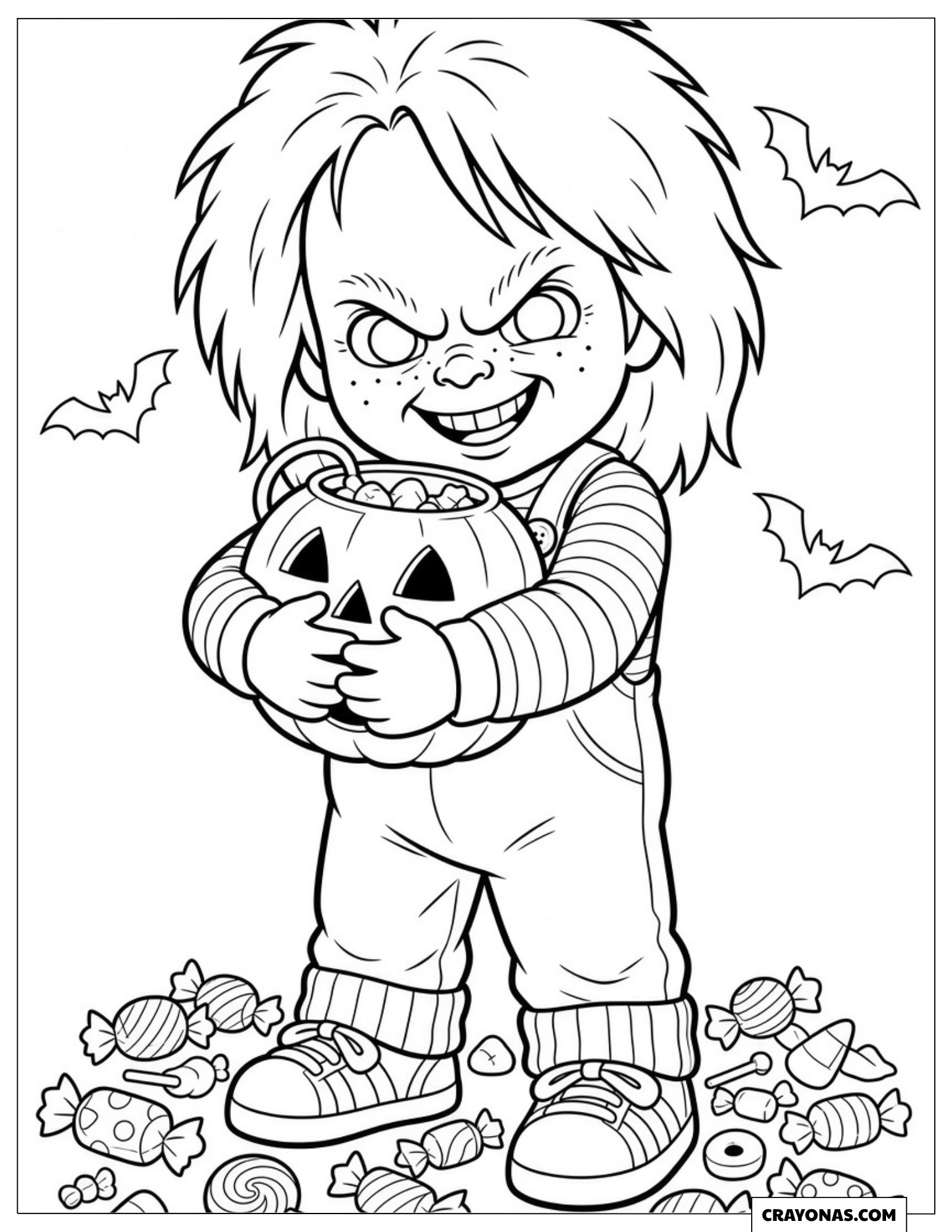 Chucky doll hugging a pumpkin candy bucket coloring page for kids