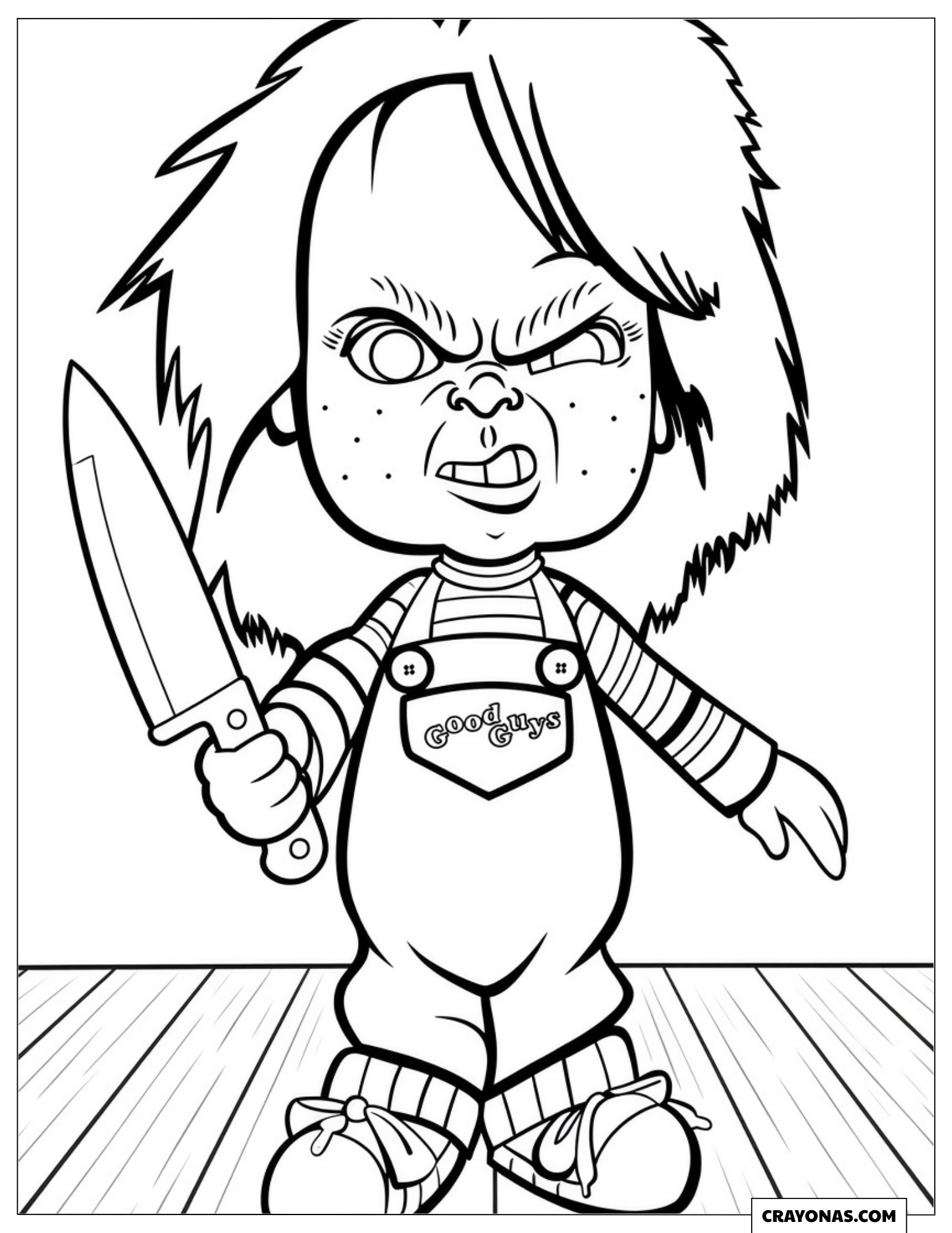 Chucky doll in overalls holding a plastic knife coloring page