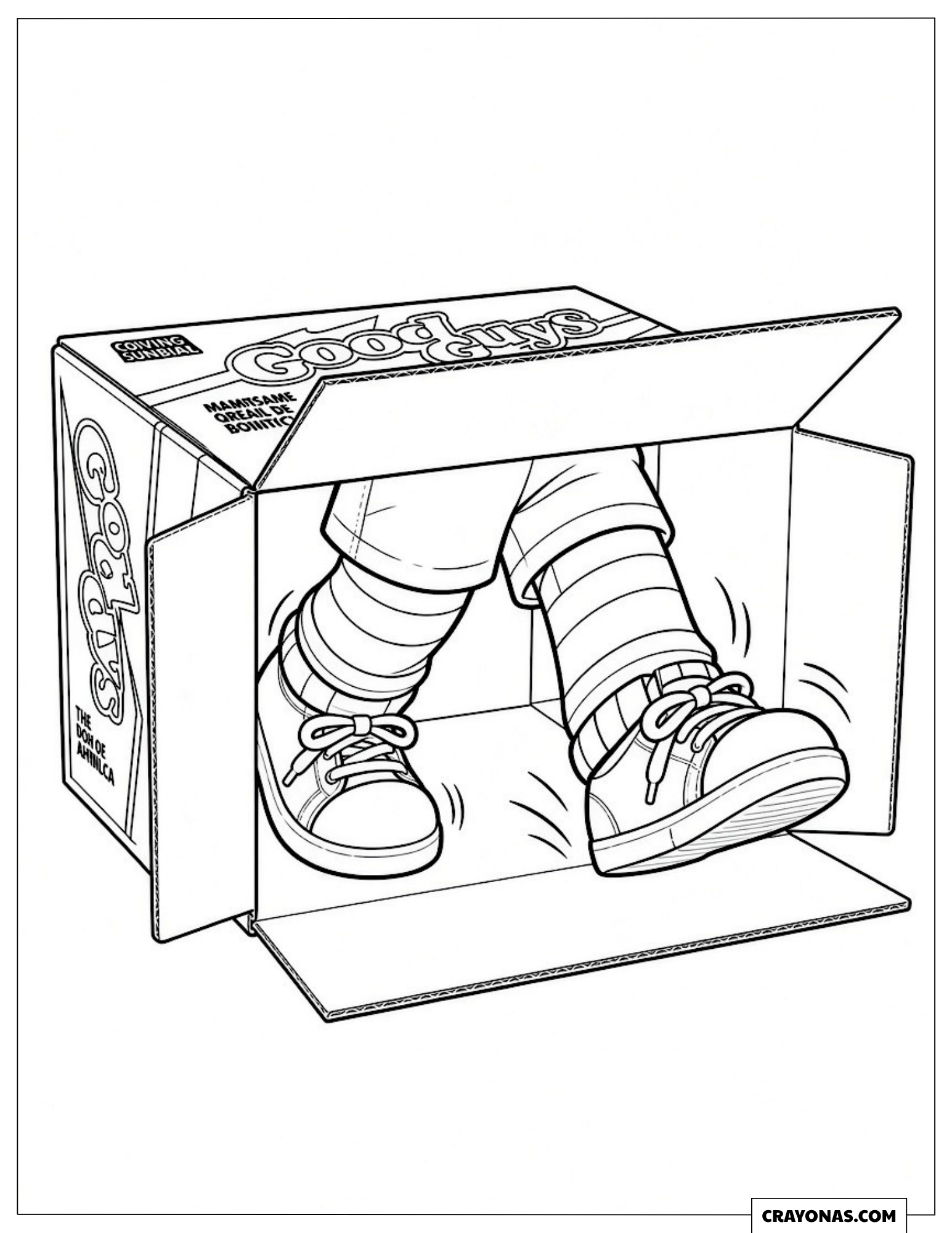Chucky’s shoes stepping out of a Good Guys box to color