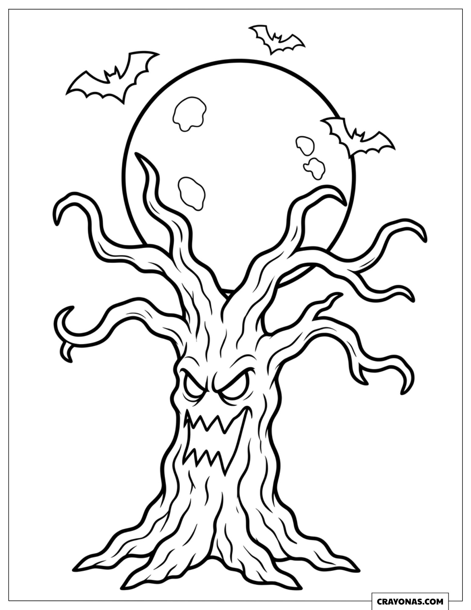 Creepy old tree under a moonlit night coloring sheet