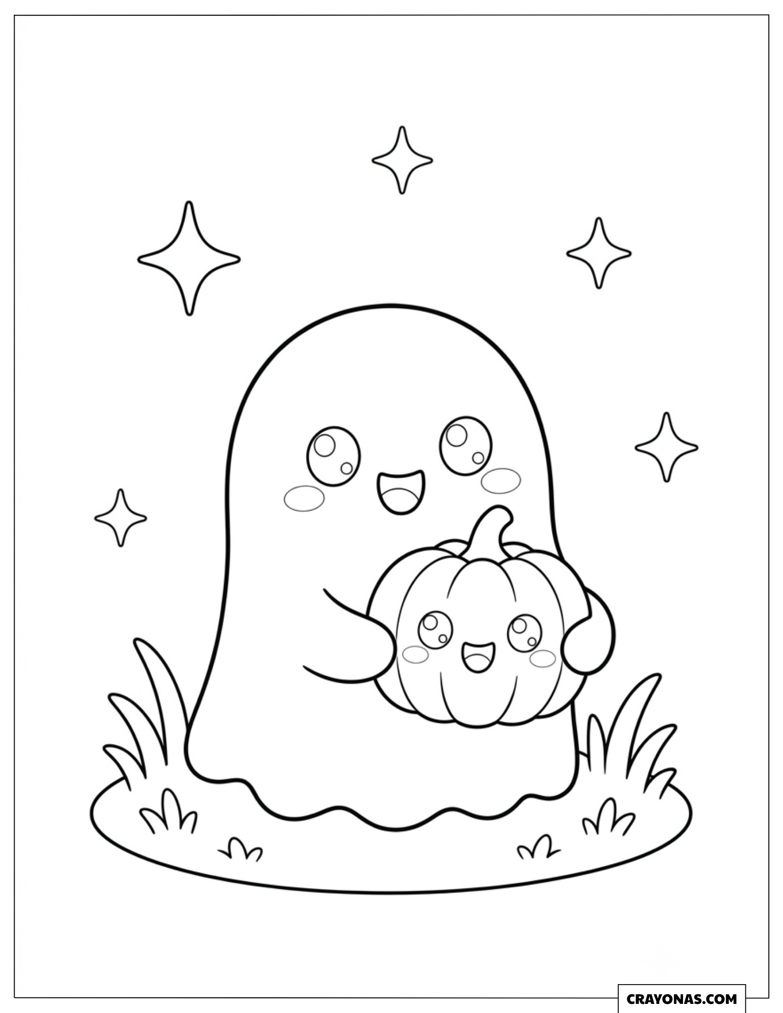 Cute chibi ghost hugging a pumpkin coloring page for kids