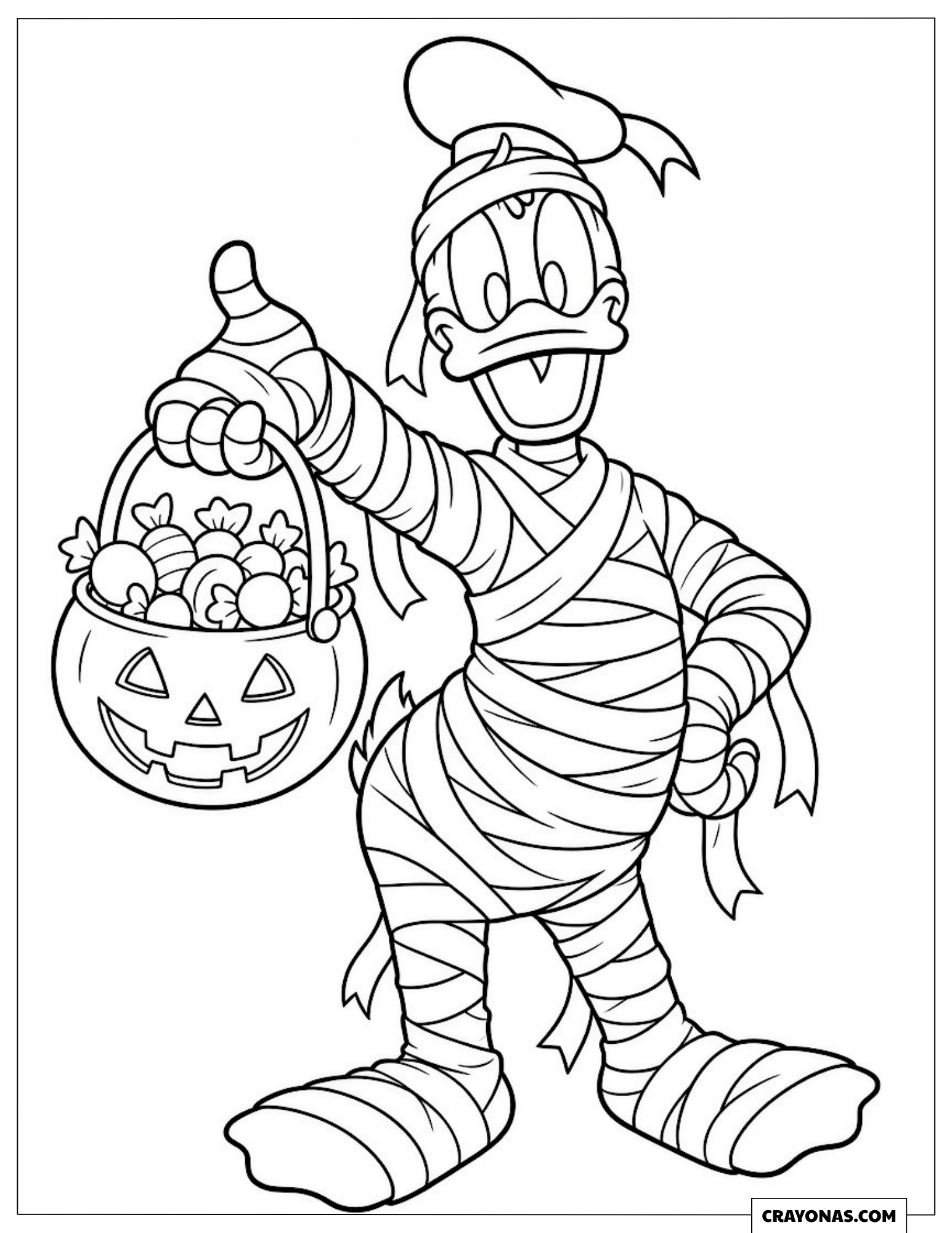 Donald Duck dressed as a mummy coloring page for kids