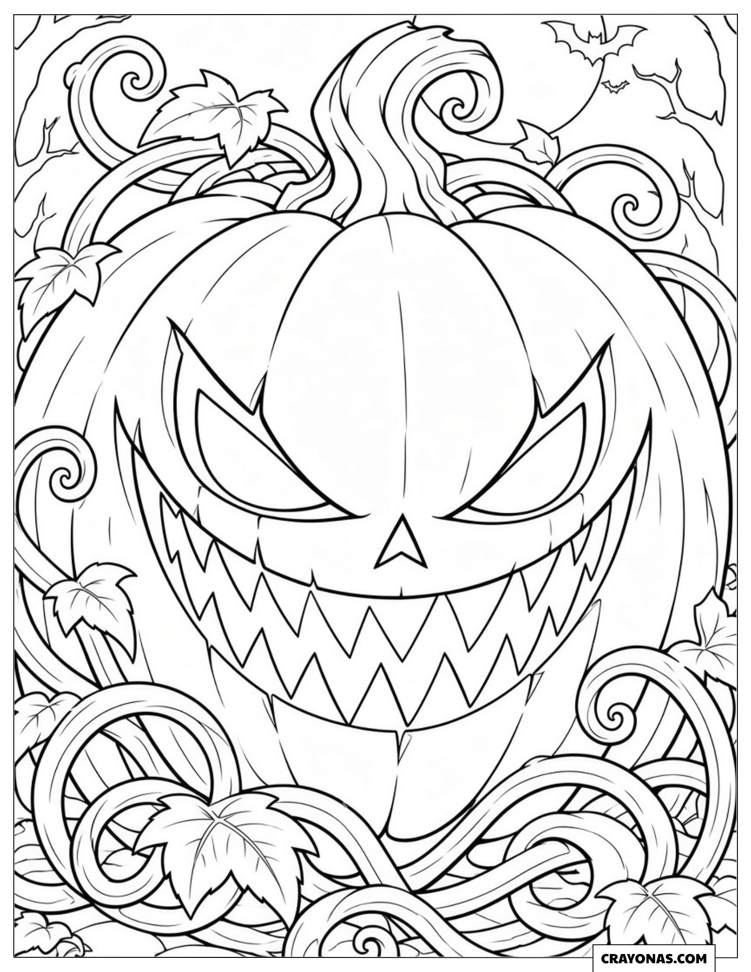 Evil-faced pumpkin with curling vines to color