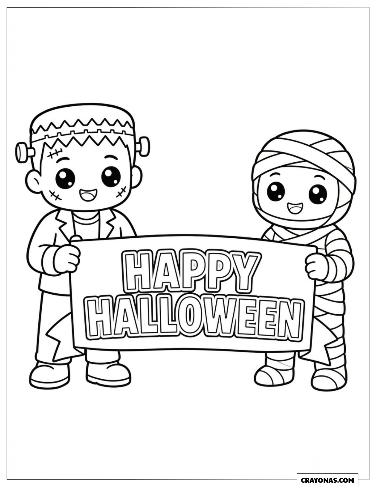 Frankenstein’s monster and mummy holding a Happy Halloween banner coloring page