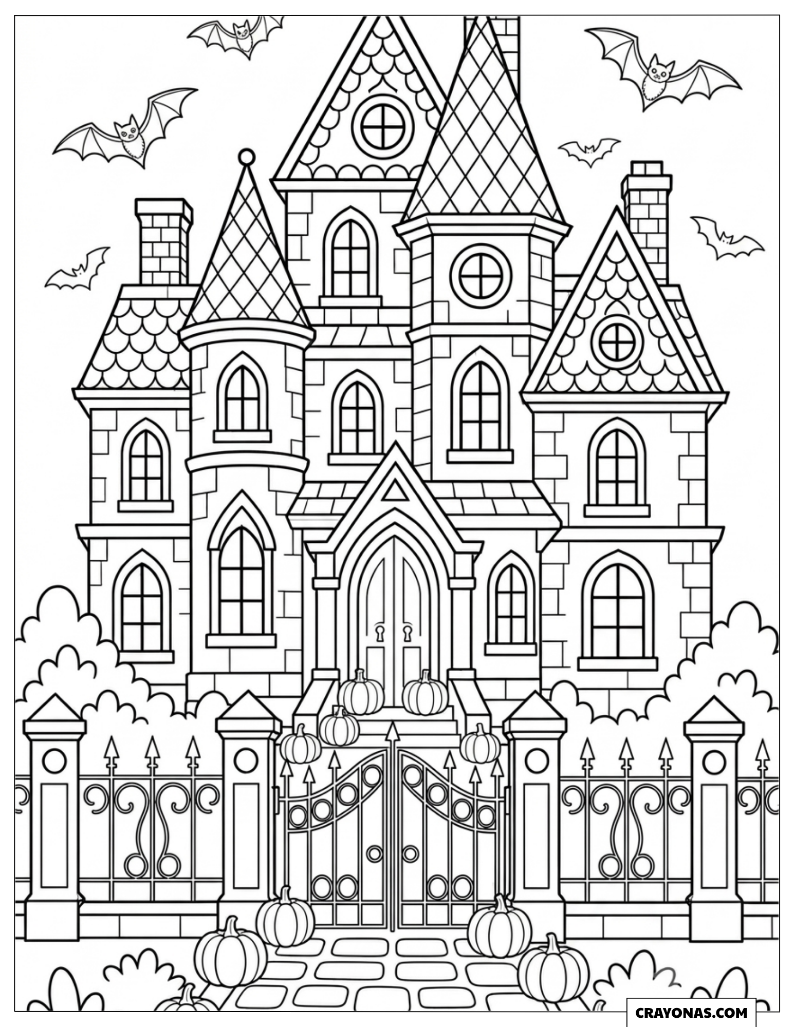 Intricately detailed haunted mansion to color