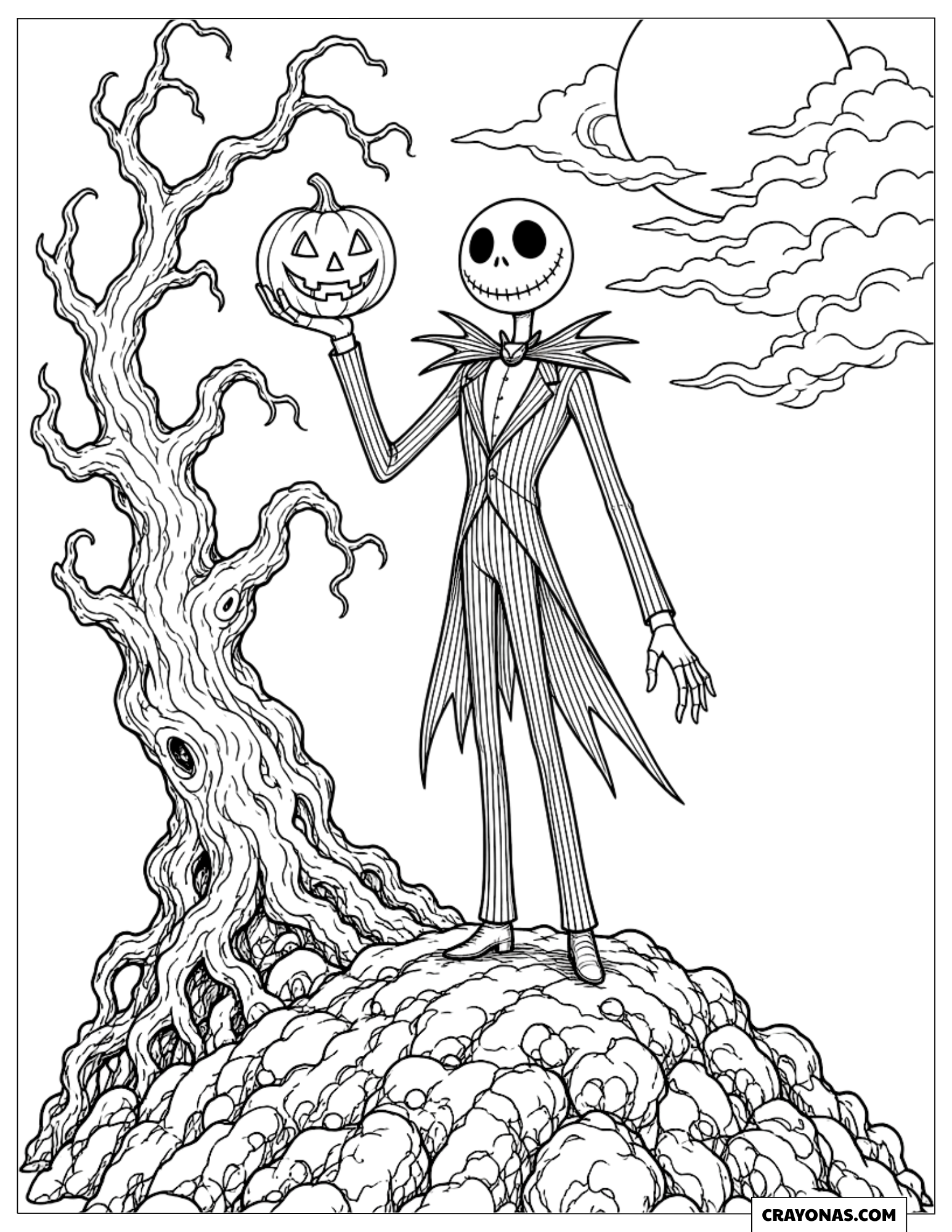 Jack Skellington holding a pumpkin on the cliff coloring page