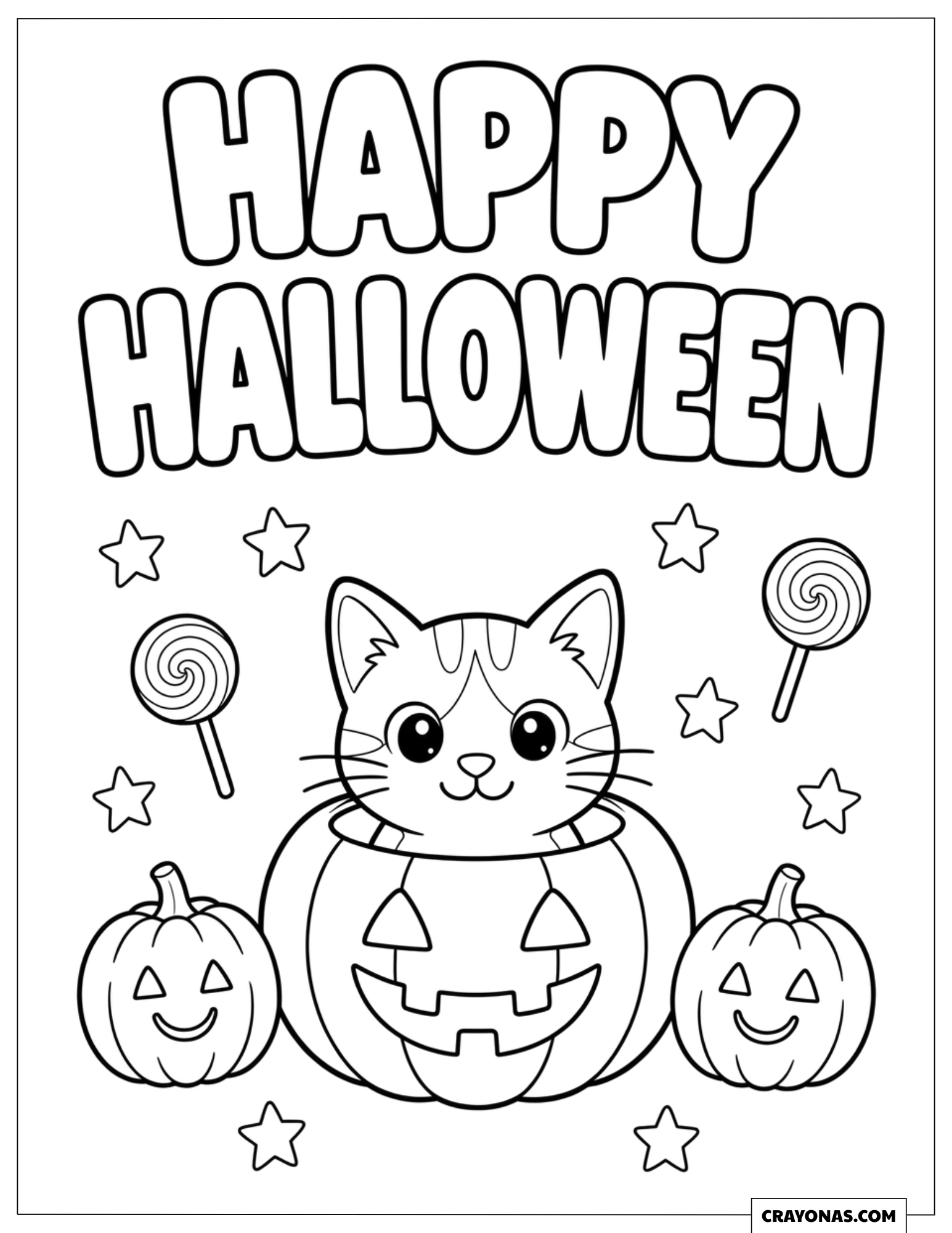 Kitten in a pumpkin with Happy Halloween text coloring sheet