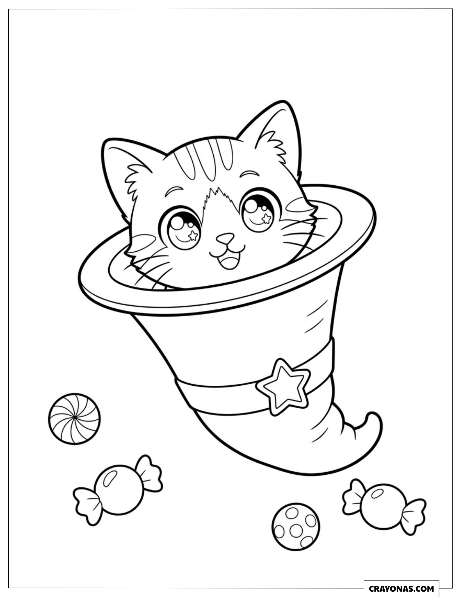 Kitten popping out of a witch hat coloring sheet for preschooler