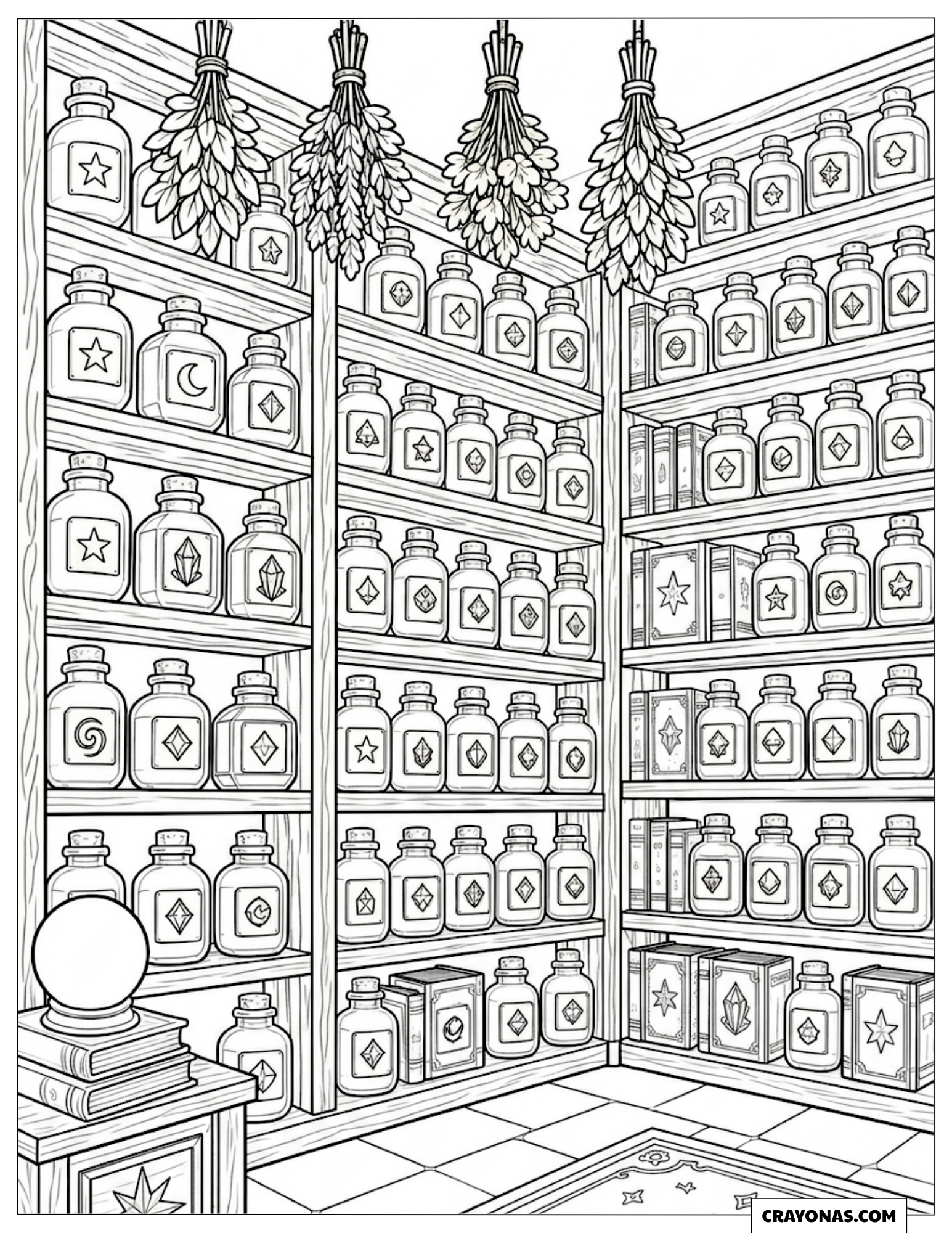 Magic library with hundreds of potion bottles coloring page
