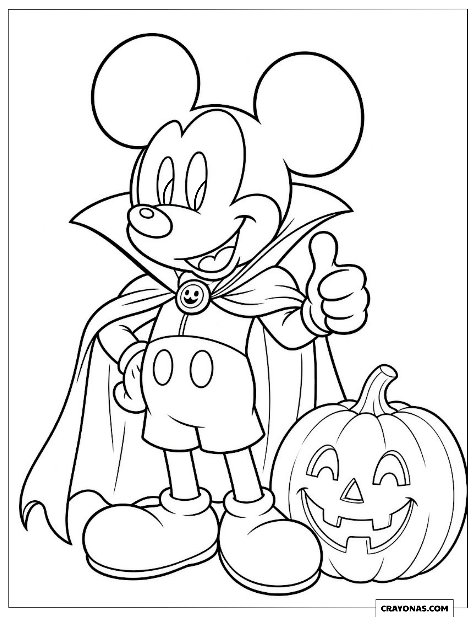 Mickey Mouse in a vampire cape coloring sheet