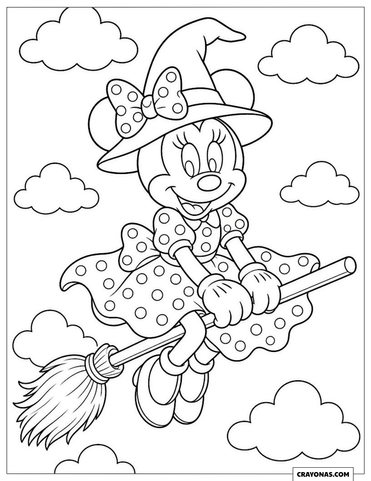 Minnie Mouse in a witch hat riding a flying broom coloring sheet for children