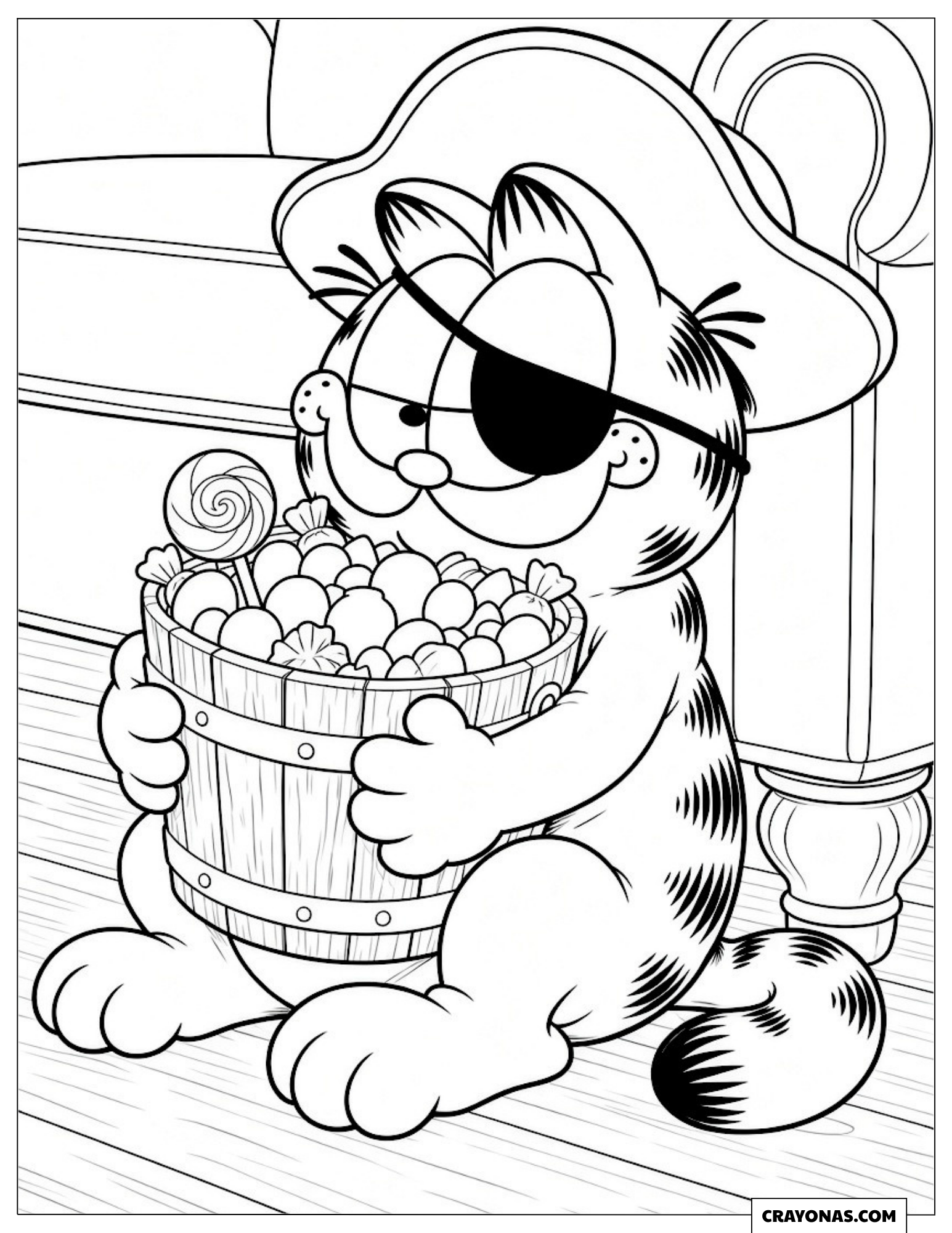 Pirate Garfield hugging a candy bucket to color