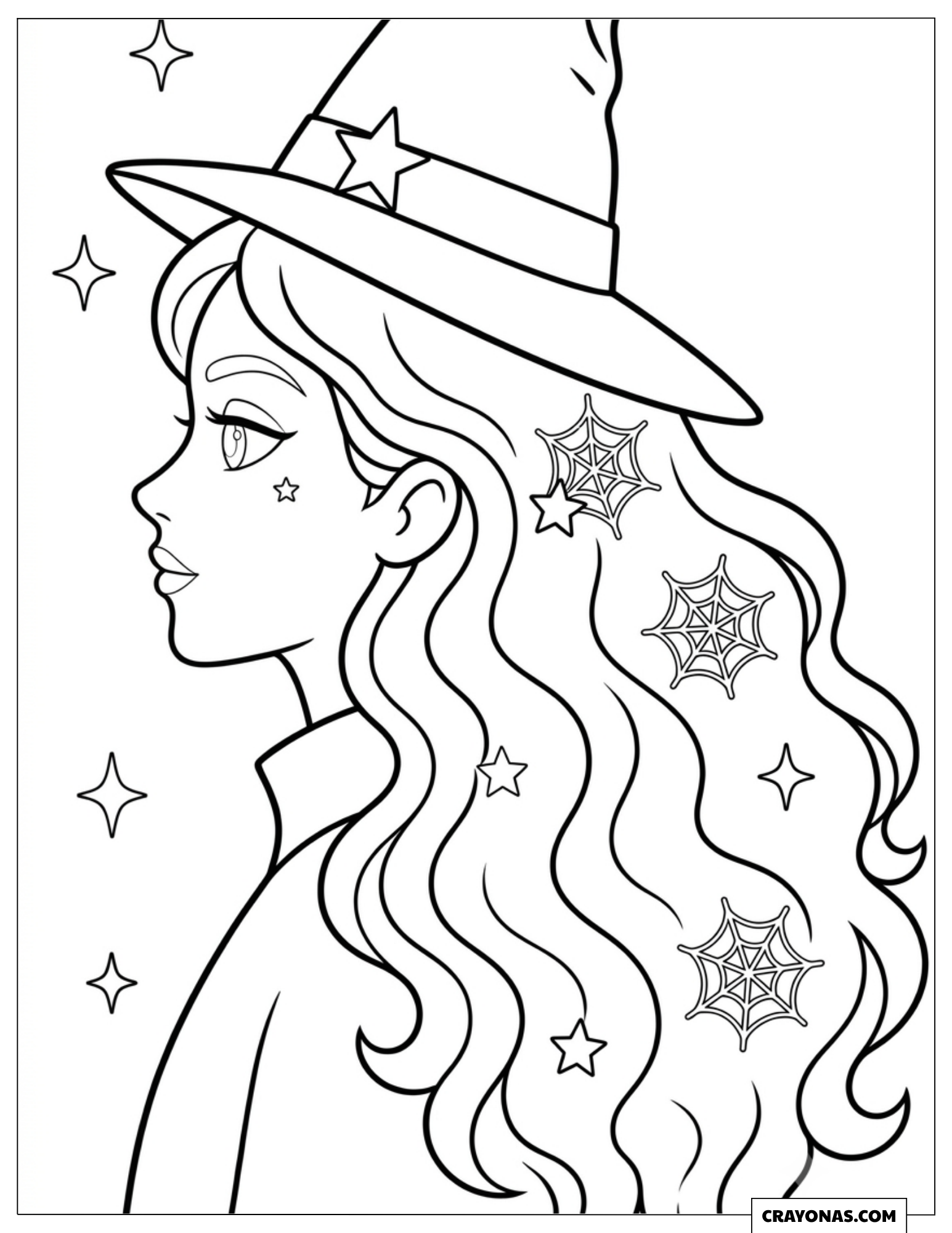 Portrait of a witch with flowing long hair to color