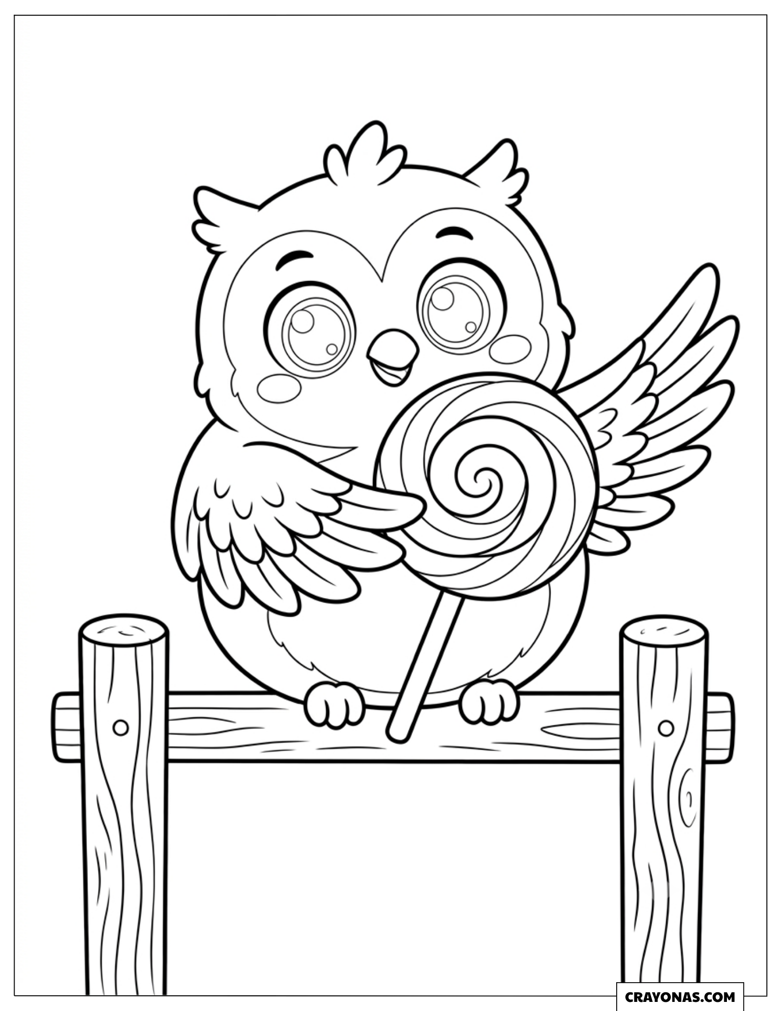 Round owl hugging a giant lollipop coloring page