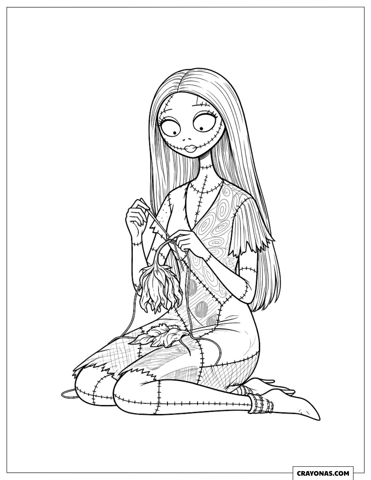 Sally the ragdoll sitting and sewing a wilted flower to color