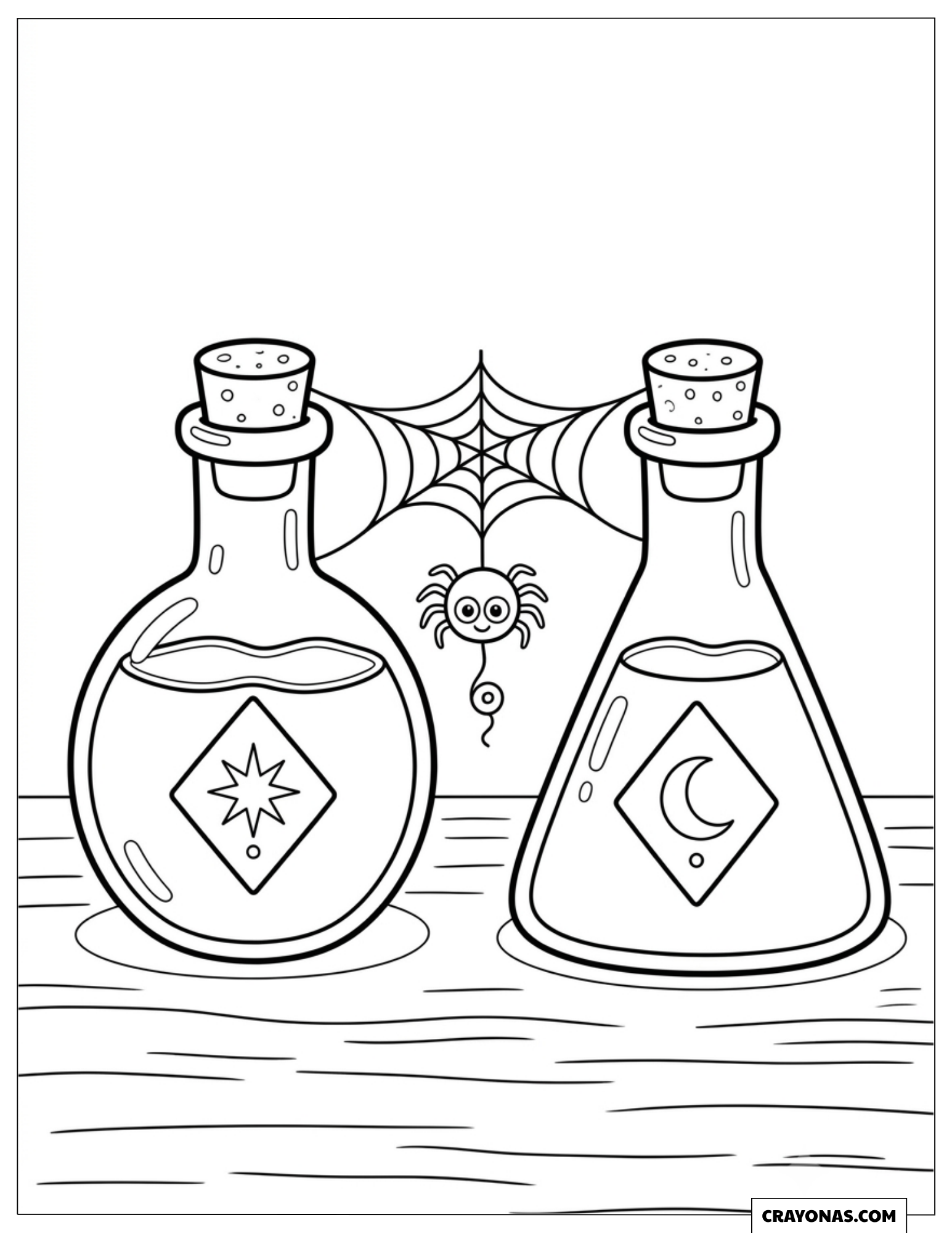 Spider swinging between two magic potion bottles coloring page