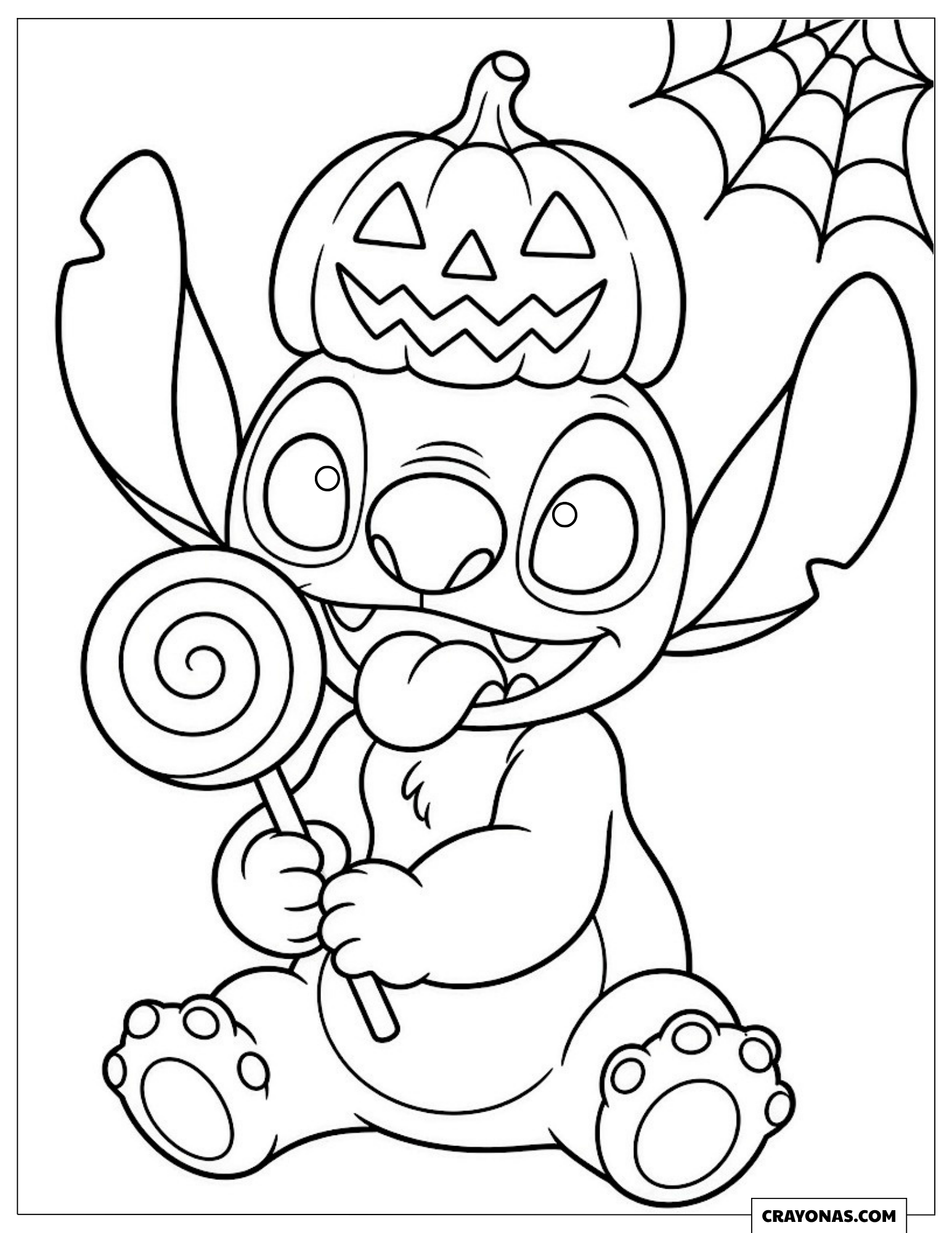 Stitch wearing a pumpkin bucket on his head, chewing candy, to color