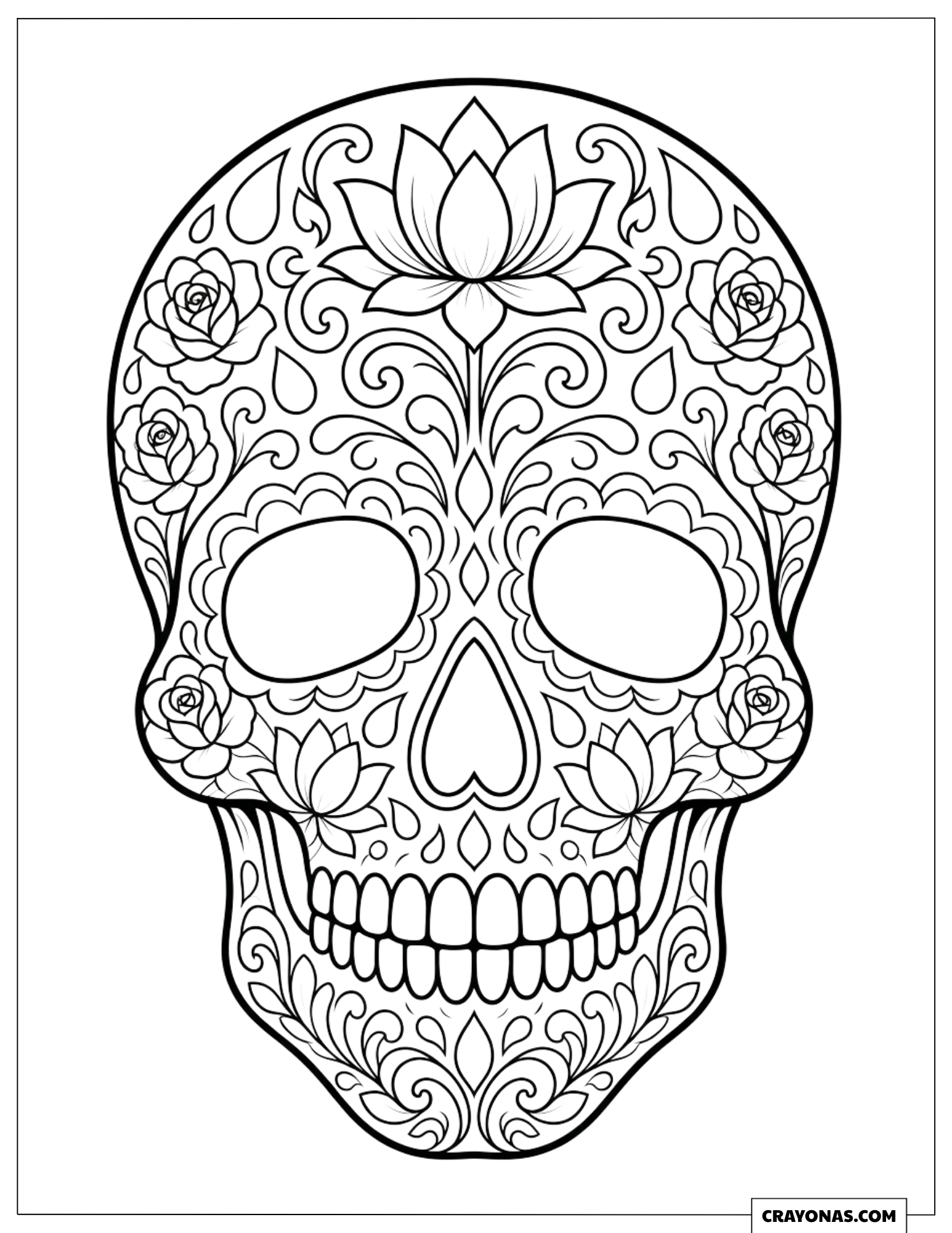 Sugar skull decorated with lotus and roses coloring sheet