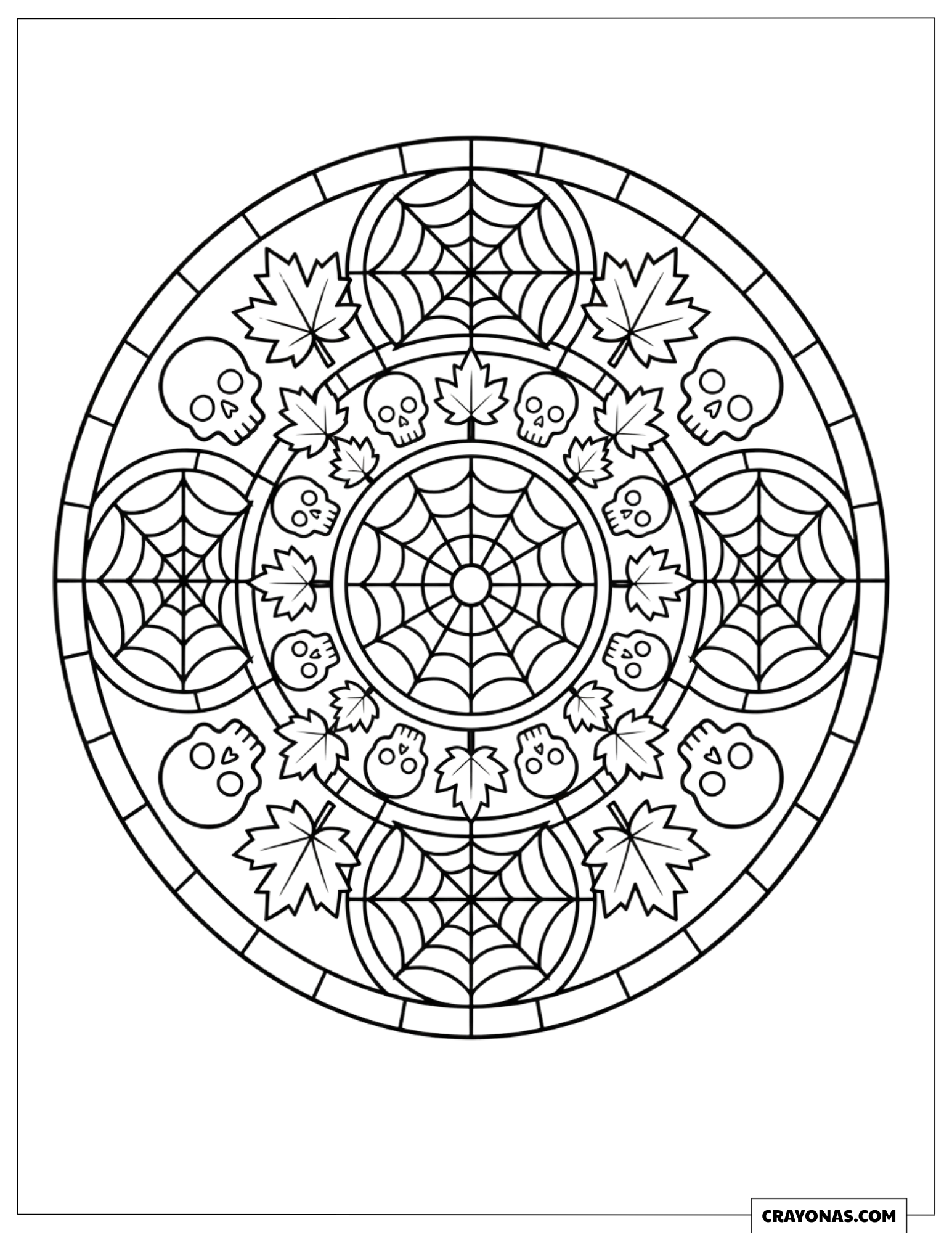 Symmetrical spiderweb and skull mandala coloring sheet