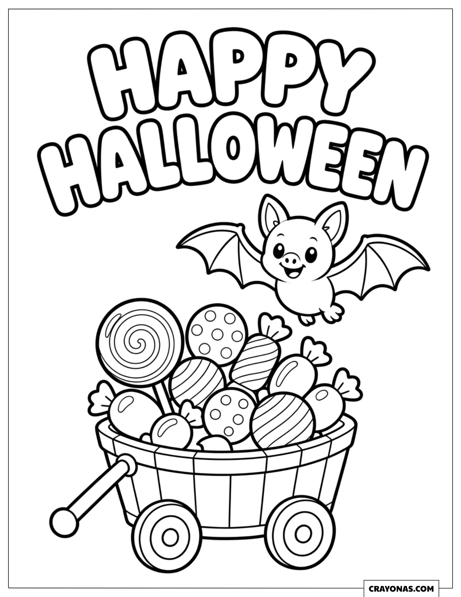 Wooden cart full of candy with a smiling bat to color