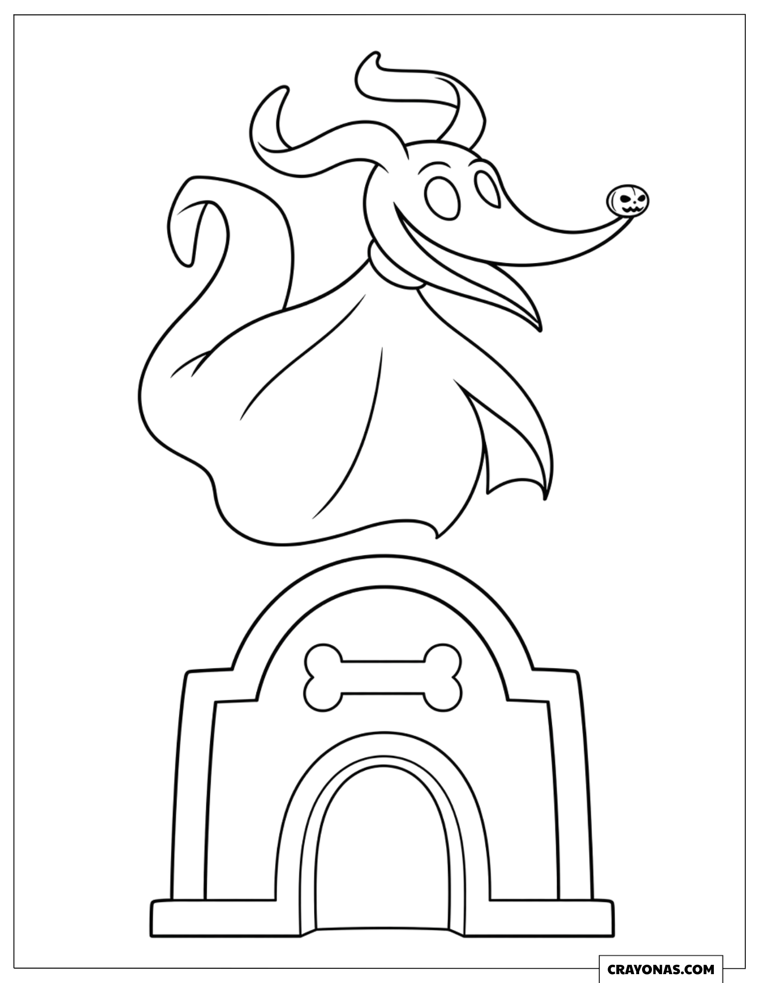 Zero the ghost dog floating by a tombstone doghouse coloring sheet