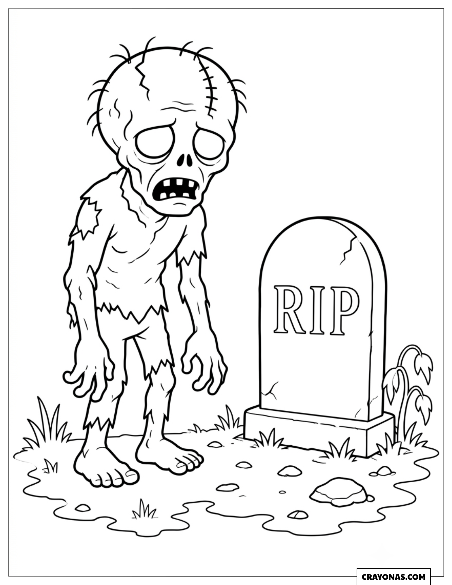 Zombie standing beside a gravestone coloring sheet for children