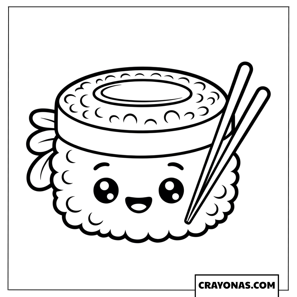 Kawaii Sushi Roll with Chopsticks Coloring Page