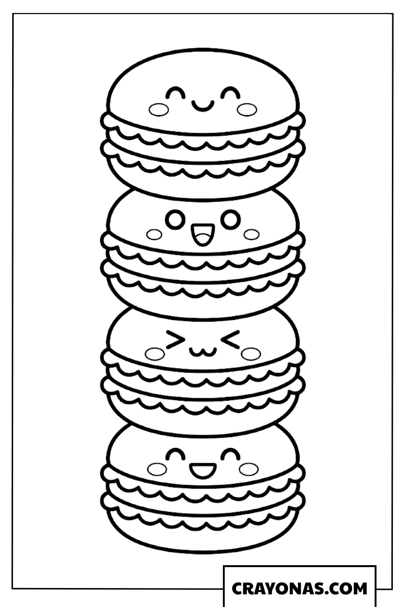 Stacked Kawaii Macarons Coloring Page