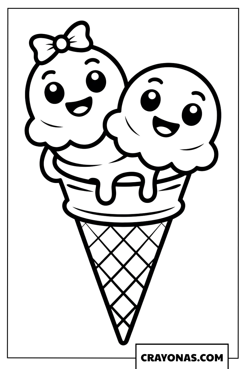 Cute Ice Cream Cone with Bow Coloring Page