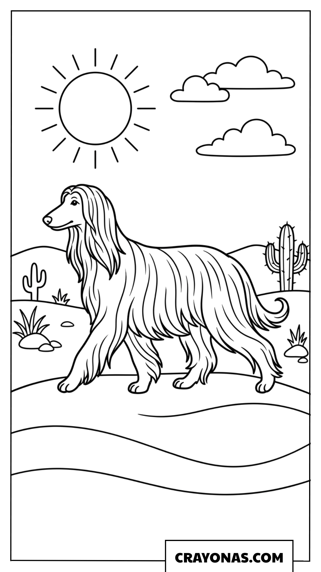 Afghan Hound in Desert Landscape Coloring Page