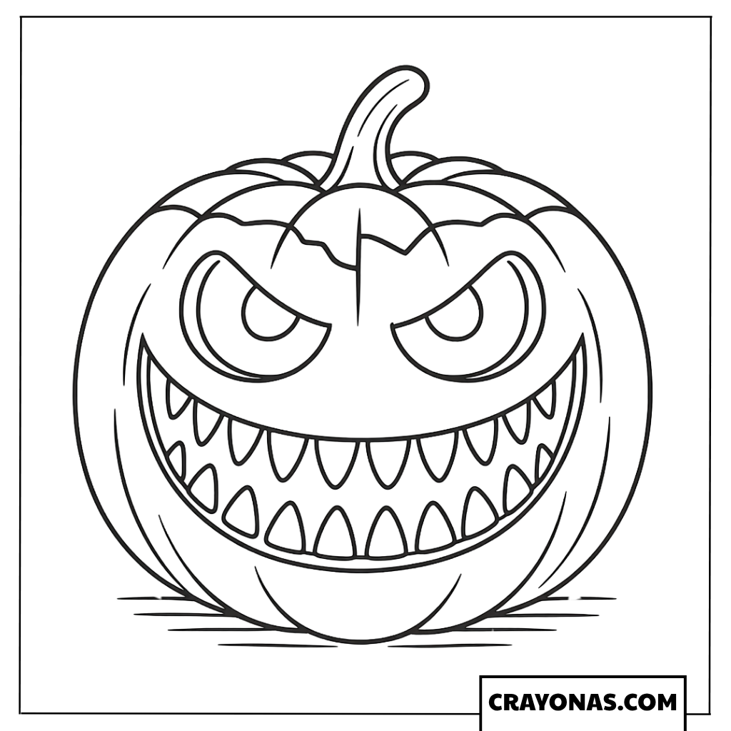 Angry Jack-O'-Lantern with Sharp Fangs Coloring Page