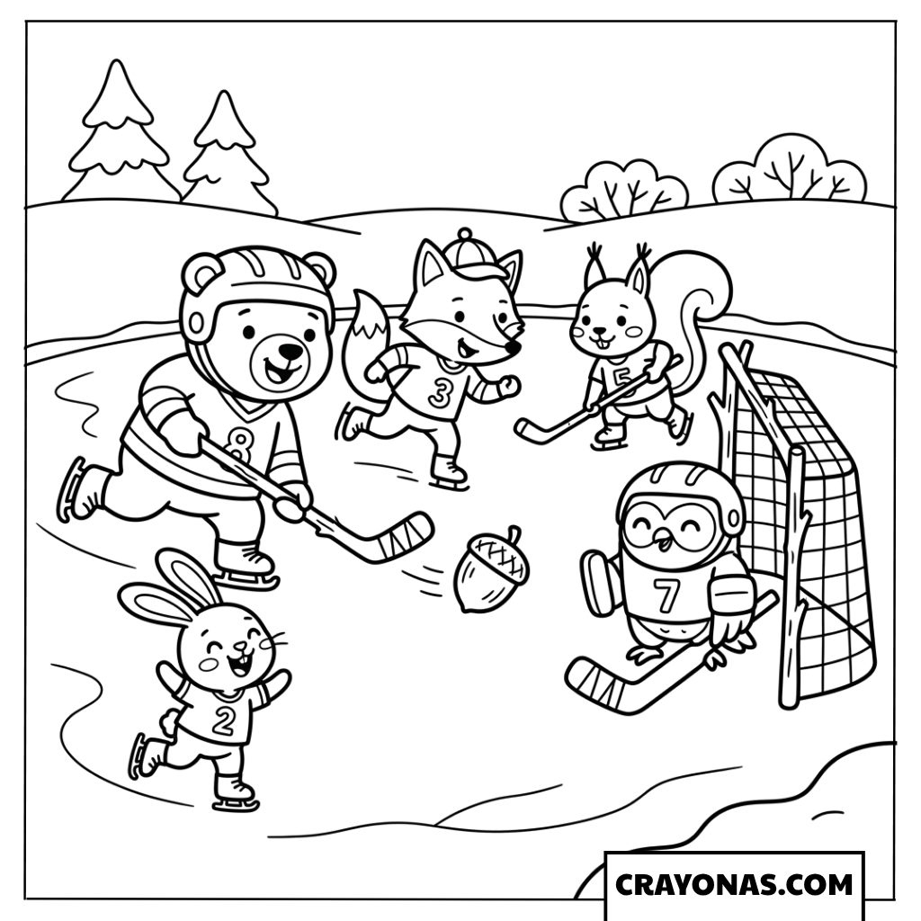 Animal Friends Playing Ice Hockey Coloring Page