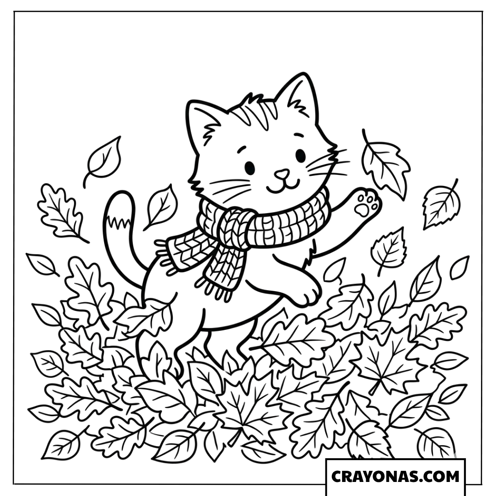 Autumn Kitten with Scarf Coloring Page