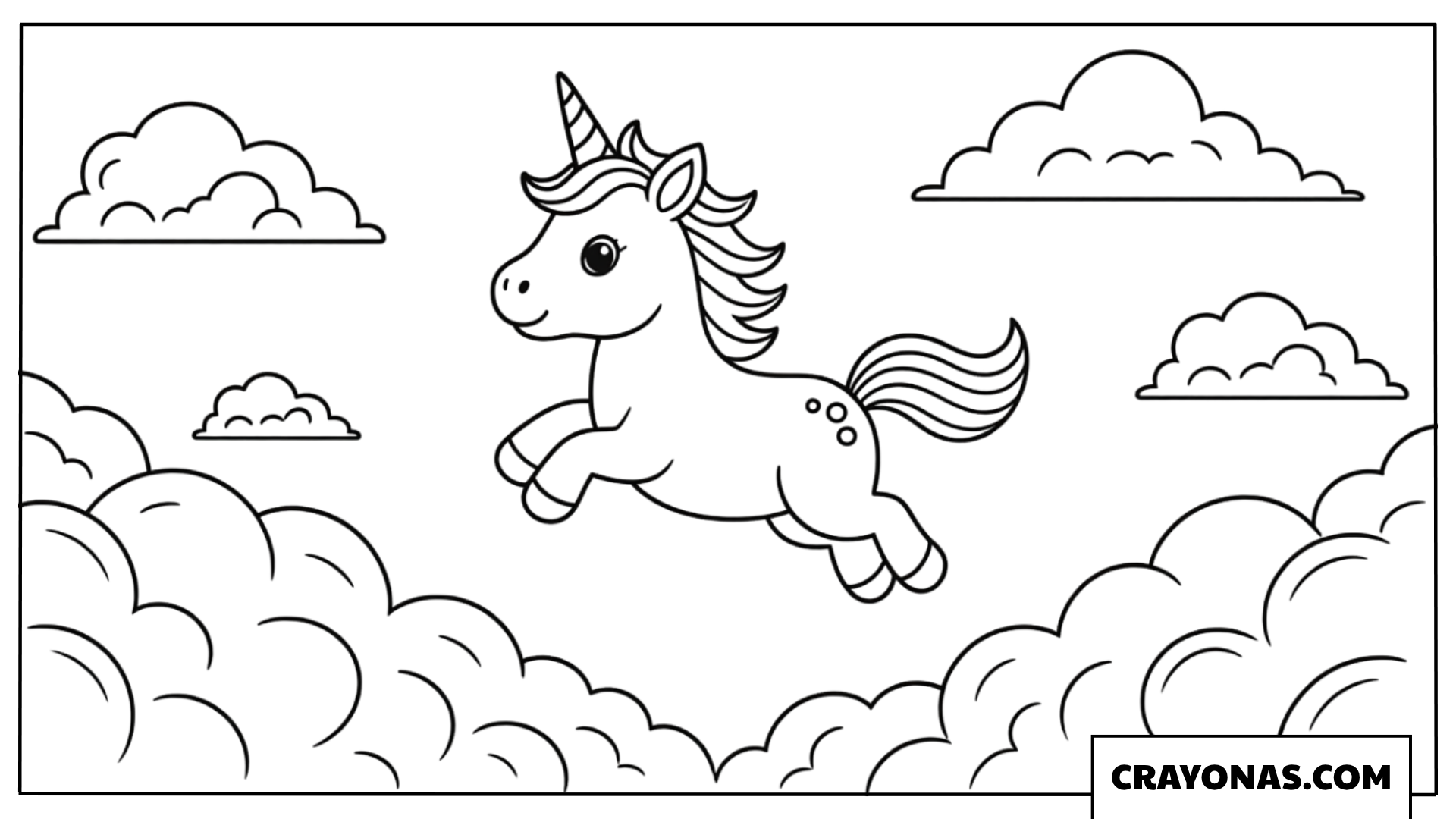 Baby Unicorn Jumping Clouds Coloring Page