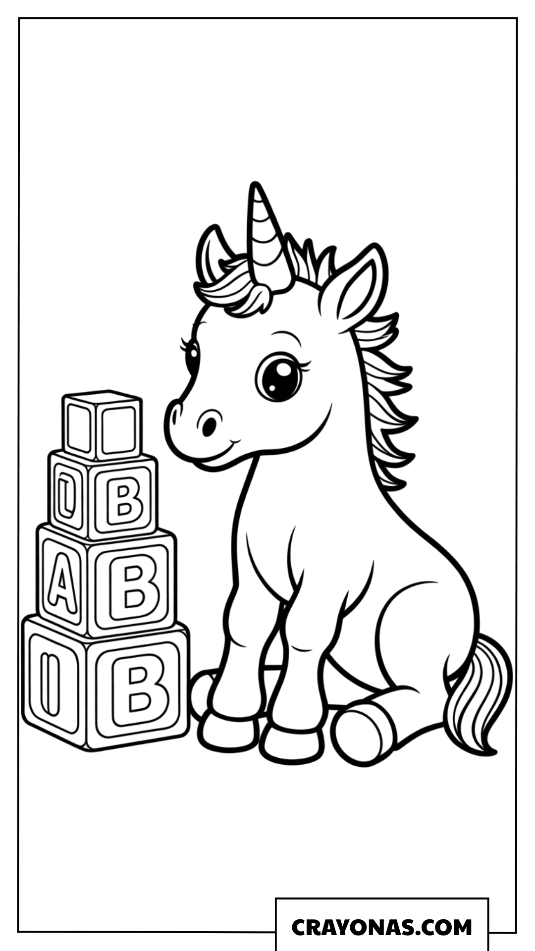 Baby Unicorn Playing Blocks Coloring Page