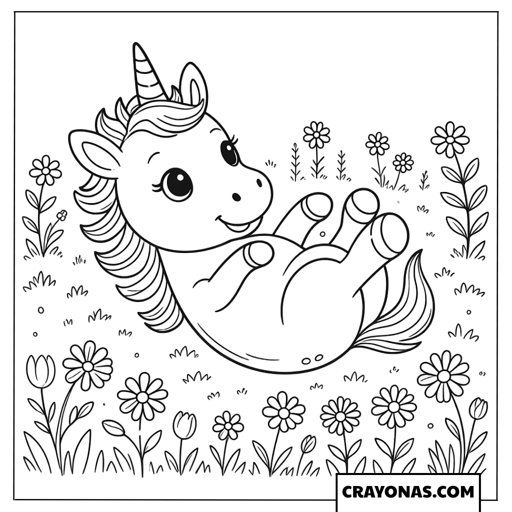 Baby Unicorn Rolling in Flowers Coloring Page