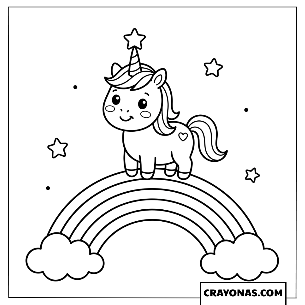 Baby Unicorn Standing on Rainbow Coloring Page