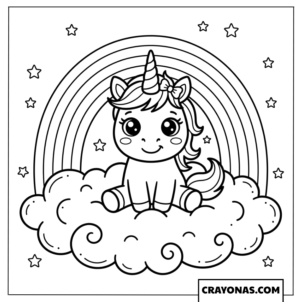 Baby Unicorn on Rainbow Cloud Coloring Page