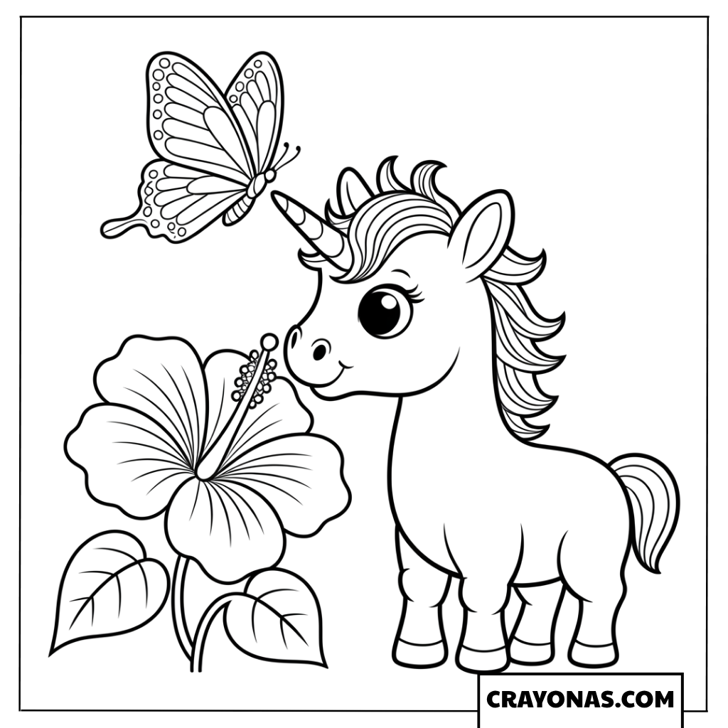 Baby Unicorn with Butterfly Coloring Page