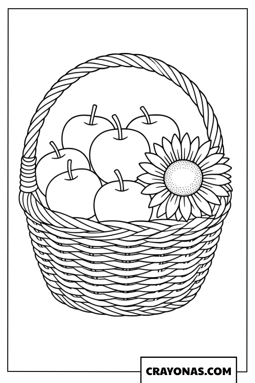 Basket of Apples with Sunflower Fall Coloring Page