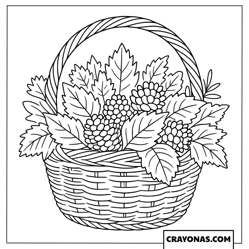 Basket of Autumn Leaves and Berries Coloring Page