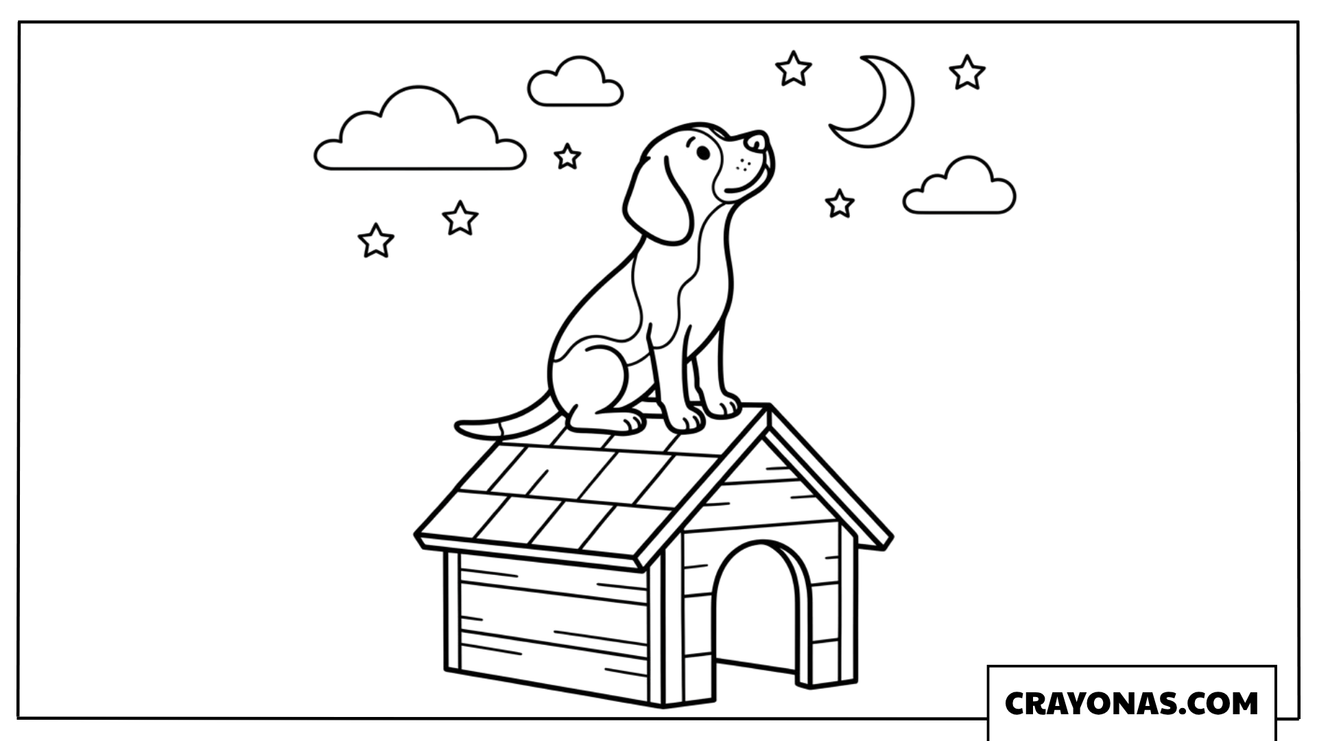 Beagle on Dog House at Night Coloring Page