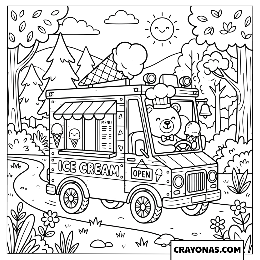 Bear Driving Ice Cream Truck in Forest Coloring Page