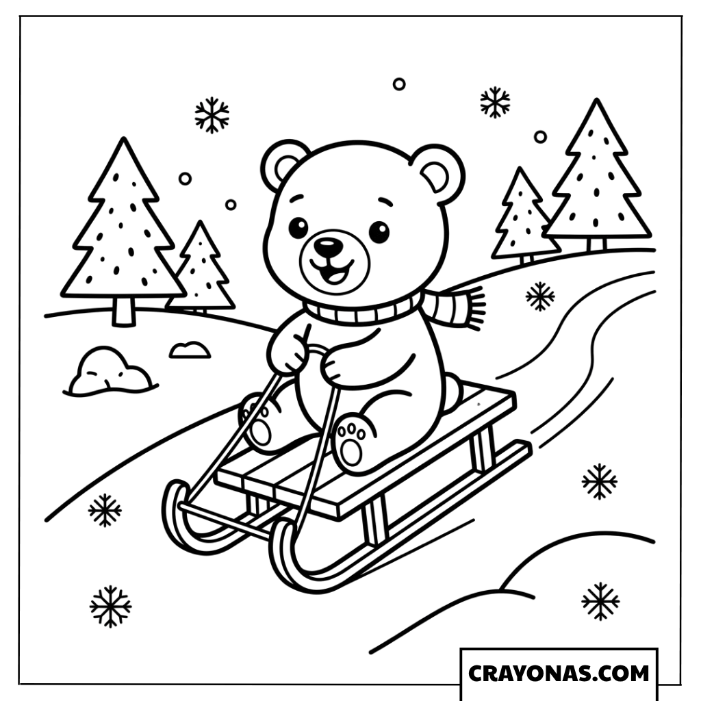 Bear Sledding Down the Hill Coloring Page