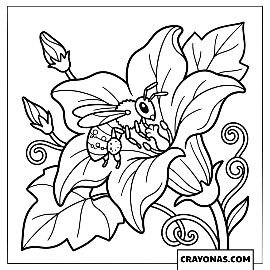 Bee on Hibiscus Coloring Page